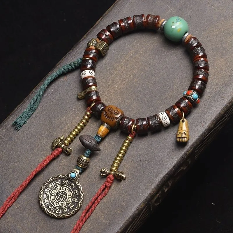 

Yak Bone Bead Bracelet Single Circle Old Copper Multi-Gem Inlaid Buddhist Beads Handheld