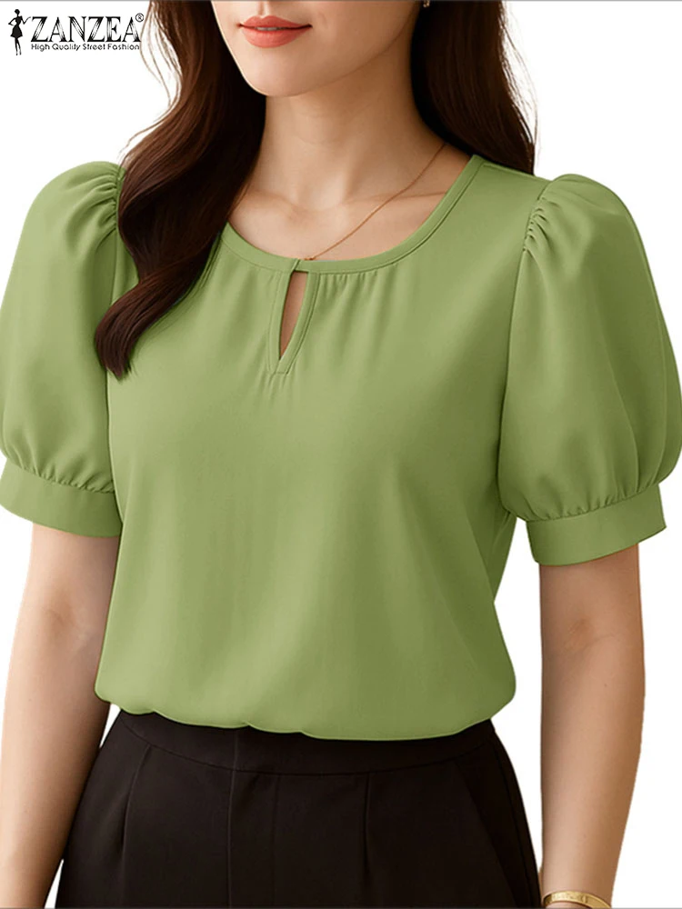 ZANZEA Koreaanse Mode Blouses Vrouwen 2025, Zomer Casual Uitsparing O-hals Korte Bladerdeeg Mouw Blusas Mujer Dagelijks Dragen Effen Tops