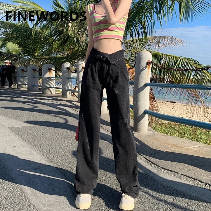 

FINEWORDS Vintage Multi-button Wide Leg Jeans Women Streetwear Korean High Waist Mom Jeans Harajuku Loose Casual Denim Pants