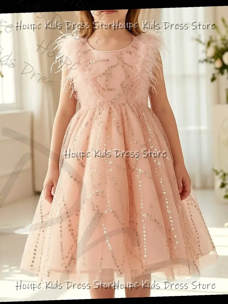 Custom Flower Girl Dresses Sleeveless Wedding Tulle Sequin Dress with Feather Trim for Birthday Party, Evening Party