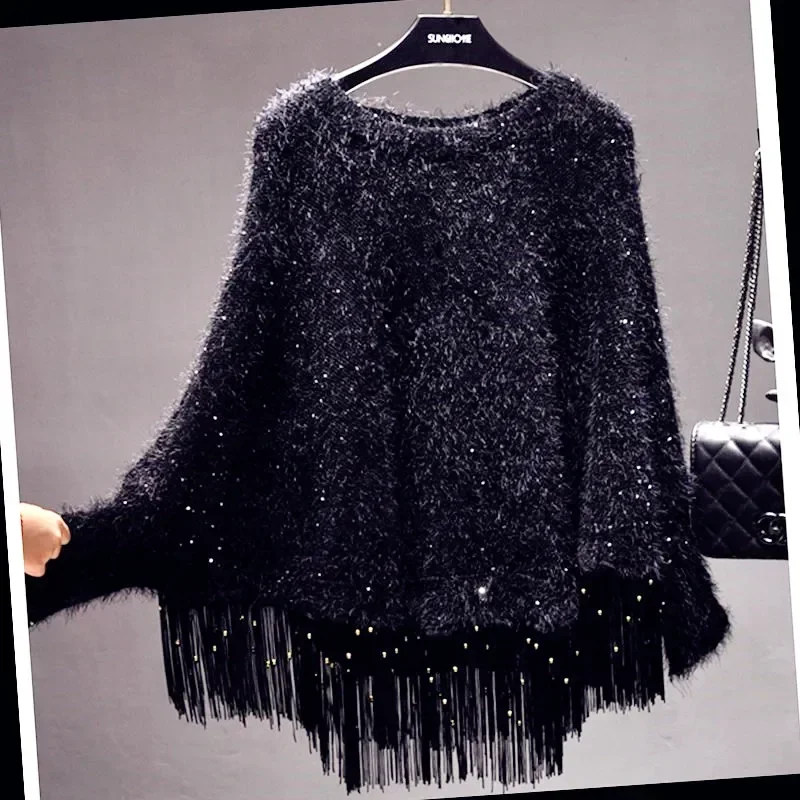 

2024 New Autumn and Winter Sequined Tassel Loose Cape Shawl Pullover Sweater Thickened Knitted Jacket Bat Shirt Top Ladies