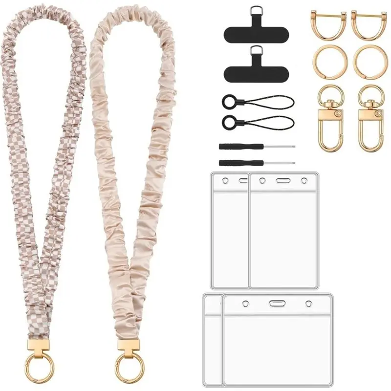 AT82-2 Set Pink Scrunchies Lanyards For ID Badges, Stretchy Lanyard For Women Teacher Nurse