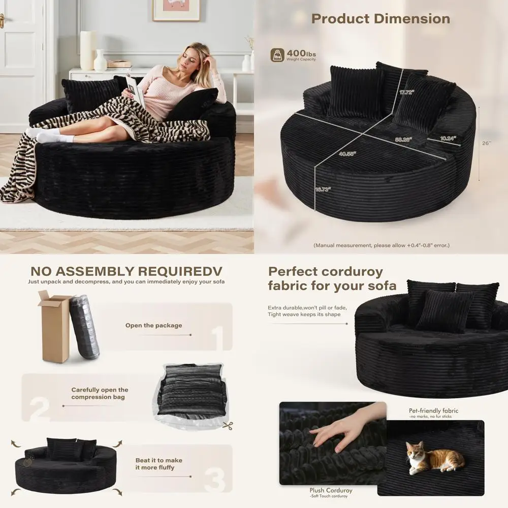 كرسي صالة كبير الحجم مستدير كبير الحجم، سروال قصير منجد بمقعد عميق، لا يتطلب تجميع، مريح للاسترخاء