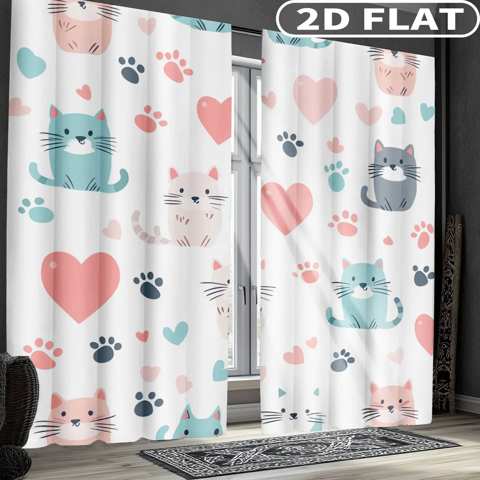

2pcs Curtains Cats Hearts Paws Love Cute Pattern for Balcony, Bedroom, Study, Living Room, for Spring & Summer Machine Washable