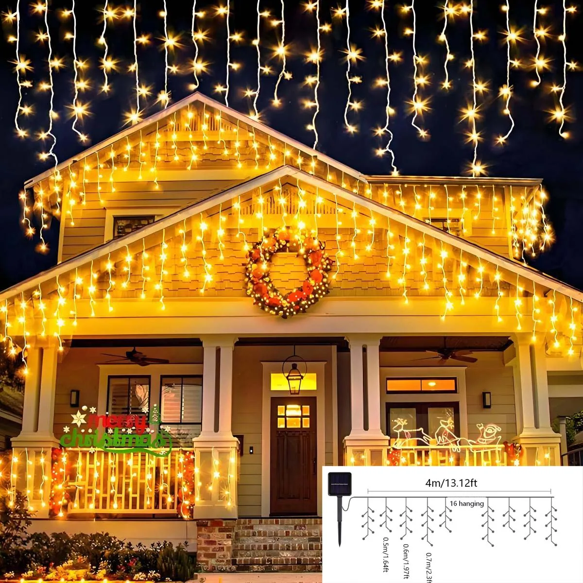 أضواء سلسلة جليد Led، زينة عيد الميلاد تعمل بالطاقة الشمسية فناء حديقة أضواء الزخرفية شرفة ديكور جو المنزل في الهواء الطلق