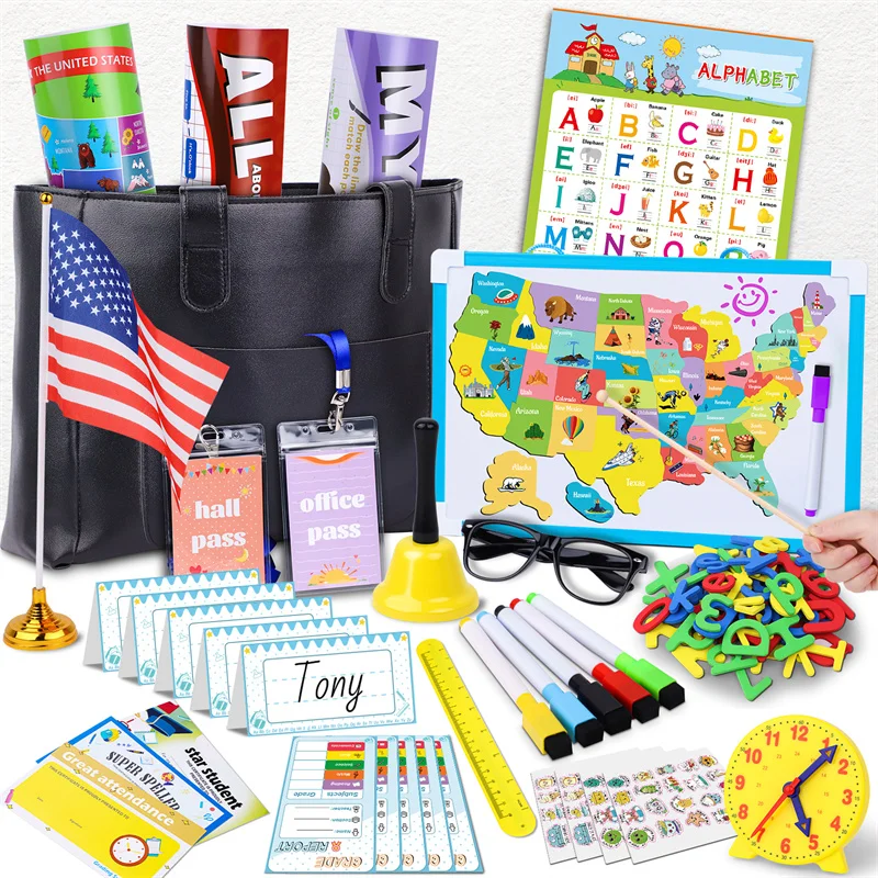 Pretend Play Toys Set para Crianças, Bolsa do Professor, Brinquedo Educativo para Sala de Aula, Kit Presente para Crianças, Marcadores de Relógio