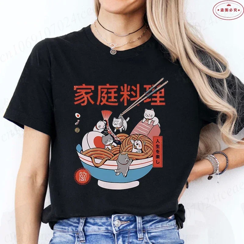 

Kawaii Ramen Cats Food футболка забавная Harajuku эстетичная винтажная женская летняя одежда уличная одежда топы с героями мультфильмов аниме