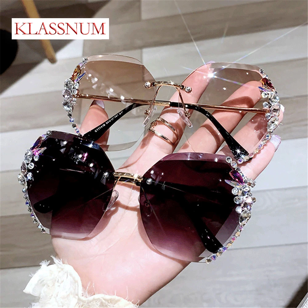 KLASSNUM-Rimless Rhinestone óculos de sol para homens e mulheres, lente gradiente, óculos de sol, Vintage Shades, Brand Design, Moda de luxo, 2024