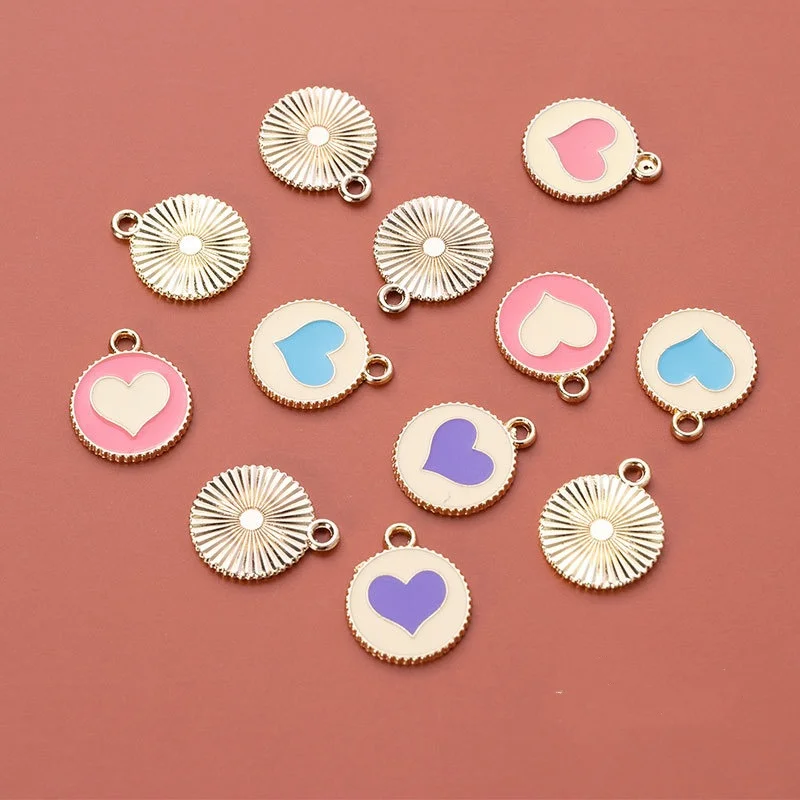 10pcs 16*16mm 라운드 하트 에나멜 펜 던 트 쥬얼리에 대 한 컬러 매력 액세서리 만들기 여성 귀걸이 목걸이 DIY 만들기