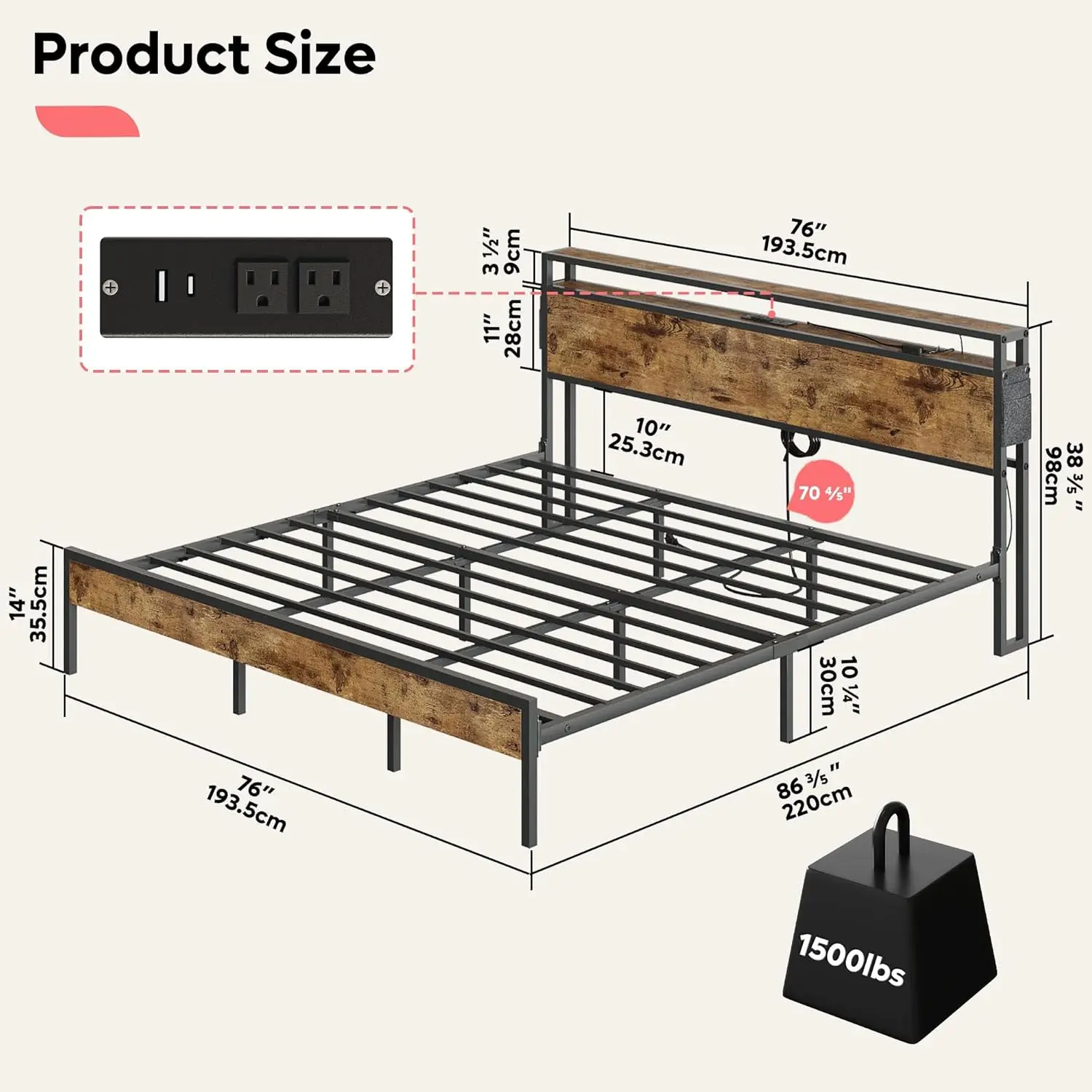 Bestier King Size Bed Frame with Headboard and Storage, Dual LED Platform Bed Frame with Chargin Station, Non-Slip Metal Bed