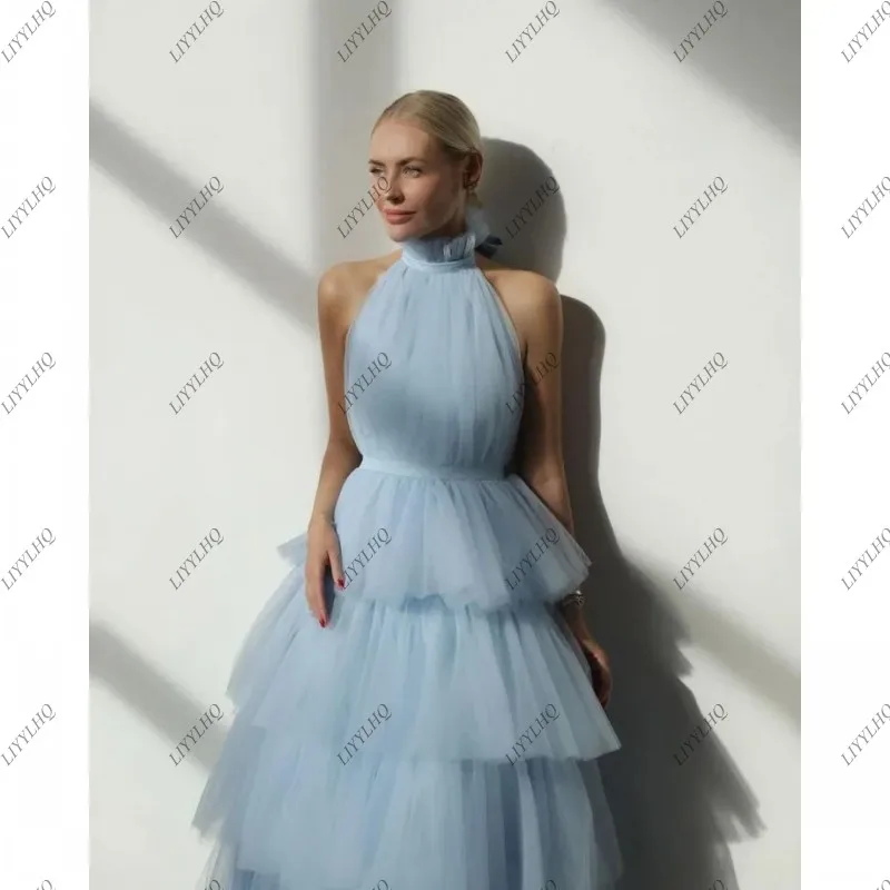 LIYYLHQ Baby Blue Prom Dress Halter Sleeveless Dreaped Organza Tiered Tea-Length Special Event Women A-Line Cocktail Party Gown