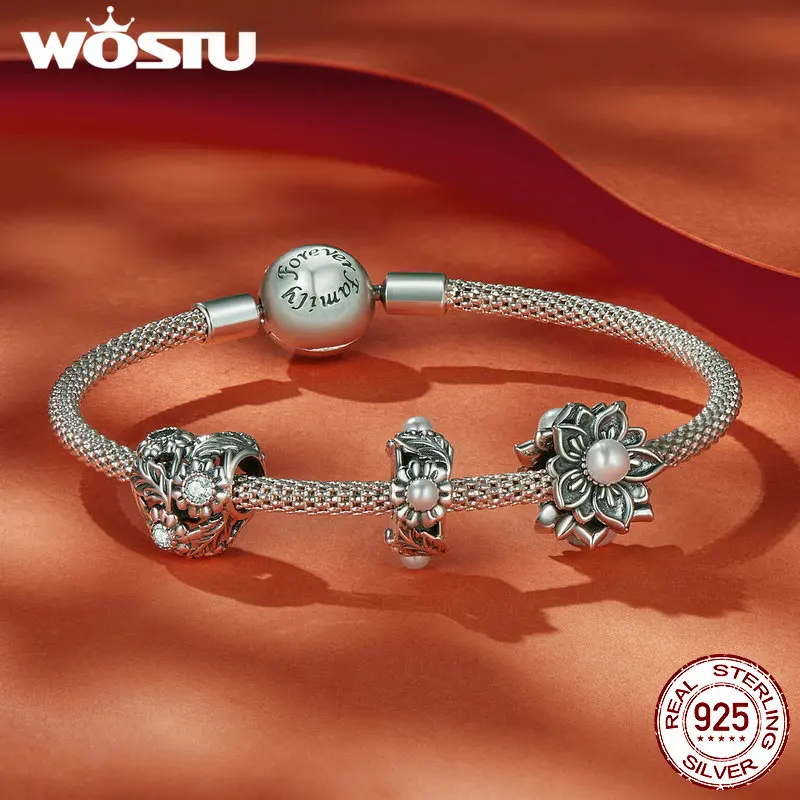 WOSTU-925 Sterling Silver Natural Pearl Pendant, Encantos Flor, Estrela, Lua, Retro Coração Beads, Cadeia de Segurança Fit, DIY Pulseira, Colar