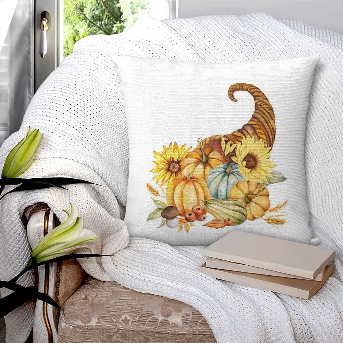 Thanksgiving Horn Of Plenty Square Pillowcase Polyester Pillow Cover Velvet Cushion Zip Decorative Comfort Throw Pillow For Home