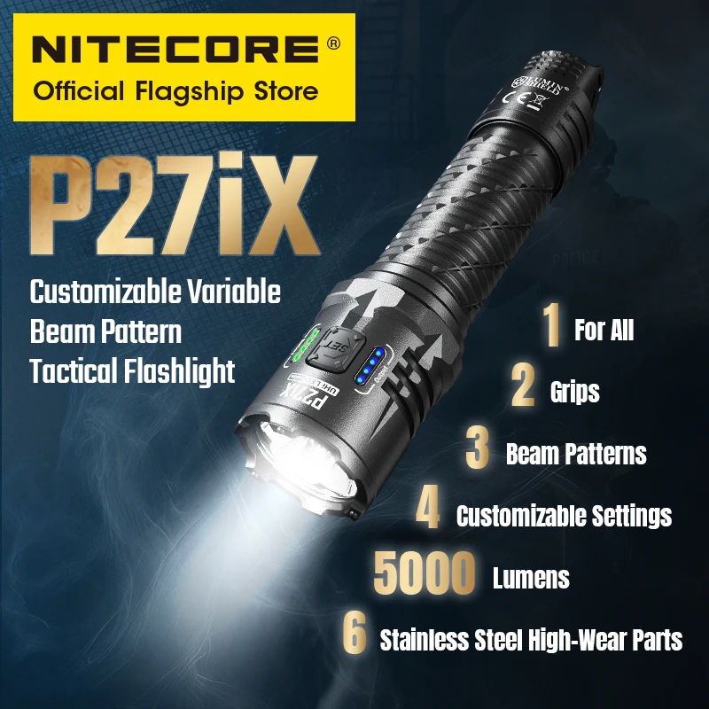 Lanterna Tática NITECORE P27iX 5000 Lumens com Padrão de Feixe Variável Personalizável, Luz Militar USB-C com Bateria de Íon de Lítio