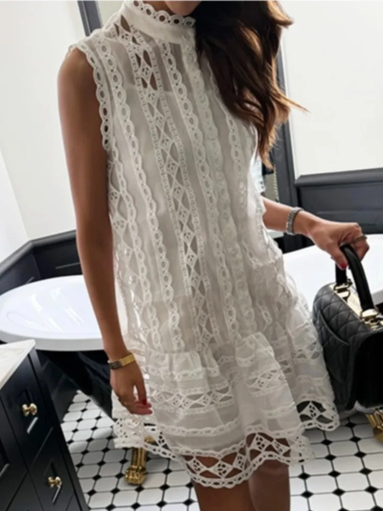 

Women's Summer New Sle Court Sle Heavy Work Hollow out Hook Flower Vest Dr Svel Commute Sle ort Skirt