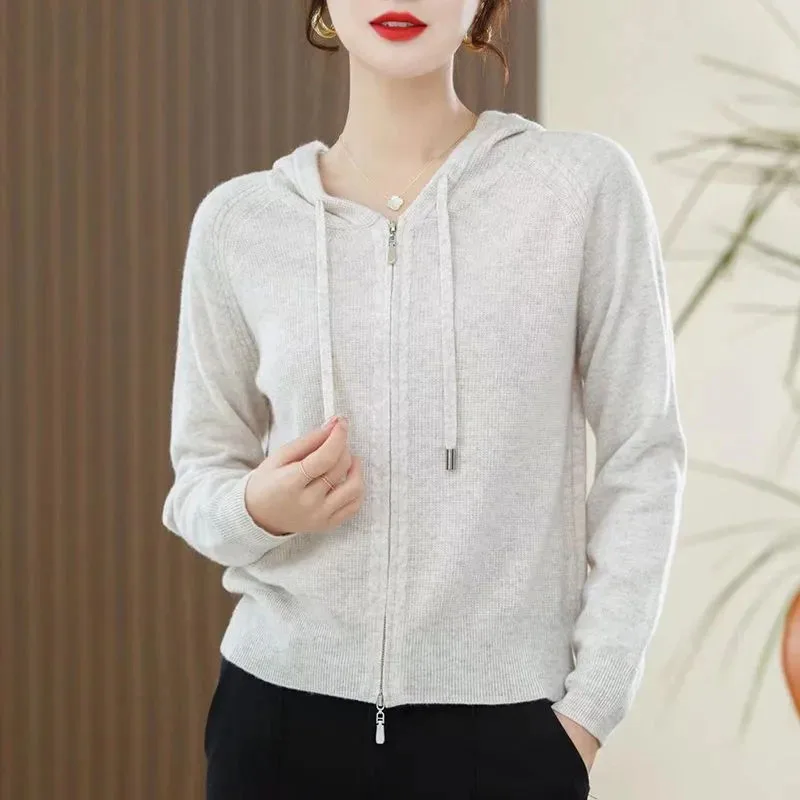 Spring Autumn Female Knitting Cardigan Jacket Lady Half Zipper Sweater Outerwear Korean Women New Solid Color Hooded Hoodie Coat