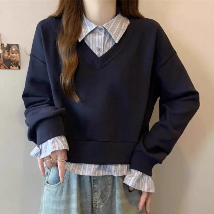 Large Size American College Style Fake Two-piece Sweatshirt Shirt for Women in Spring and Autumn New Polo Collar Wear Loose Top