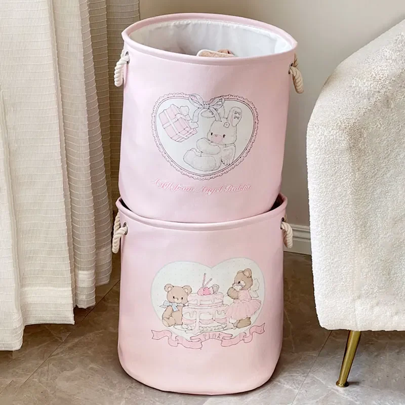 ﻿Collapsible Pink Laundry Basket for Baby Girls Round Cartoon Bear Rabbit Nursery Hamper Toys Storage Basket For Bedroom Déco