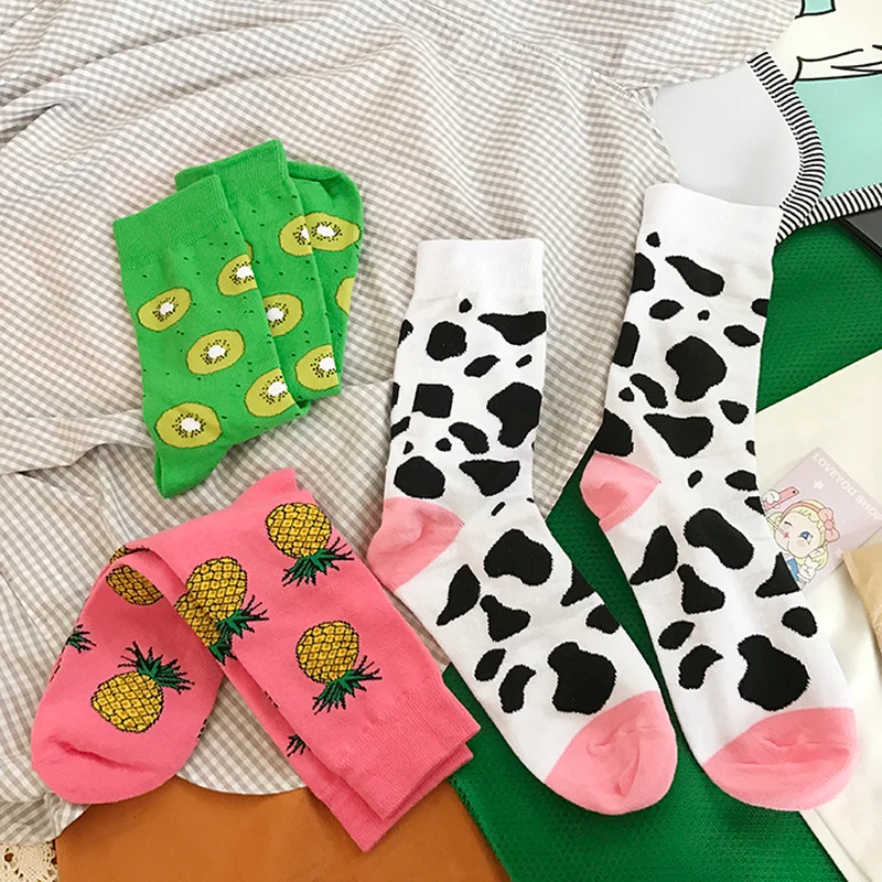 Cute Fruit Pattern Crew Women Socks Cute Kiwi Cow Pineappl Kawaii Happy Funny Green Pink White Mother Gift Yellow Japanese