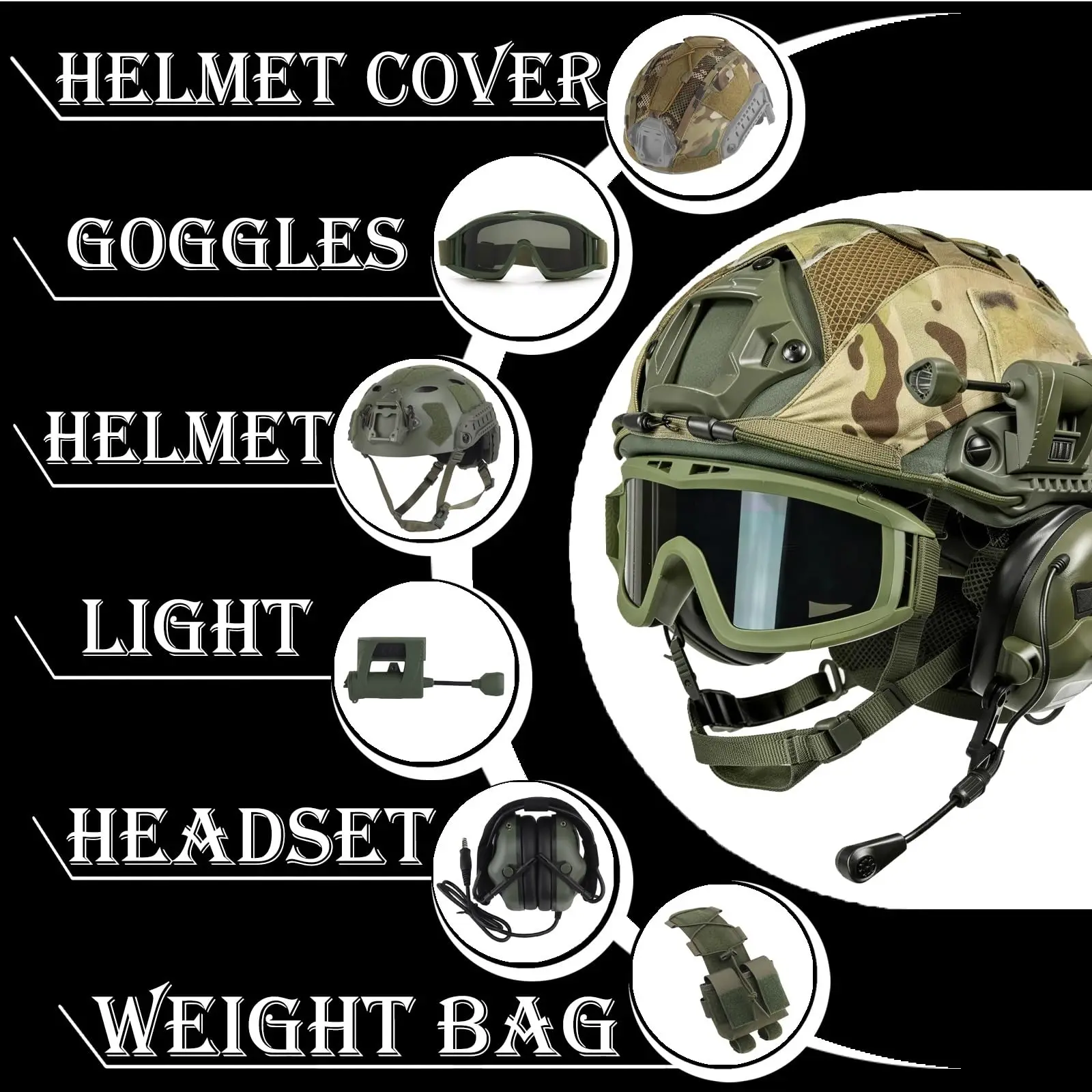 6-in-1 FAST Tactical Bump Helmet Set Goggles Headset Adjustable Military Helmet for Airsoft Paintball Outdoor CS Game Cosplay