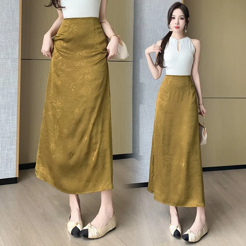 

New Chinese Style Retro Satin Print Hip Wrap A-line Skirt Women Split Temperament Solid Gentle Slim Summer Temperament Lady Wear