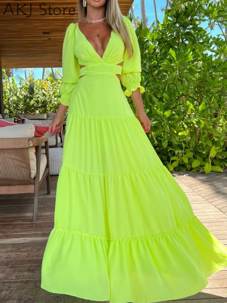 Women V-Neck Cutout Tied Detail Maxi Dress