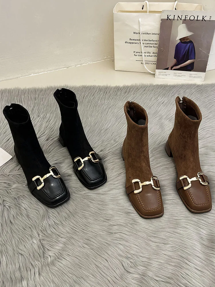 Women\'s shoes short boots 2022 autumn and spring new fashion square toe thick heel non-slip metal buckle zipper fashion boots