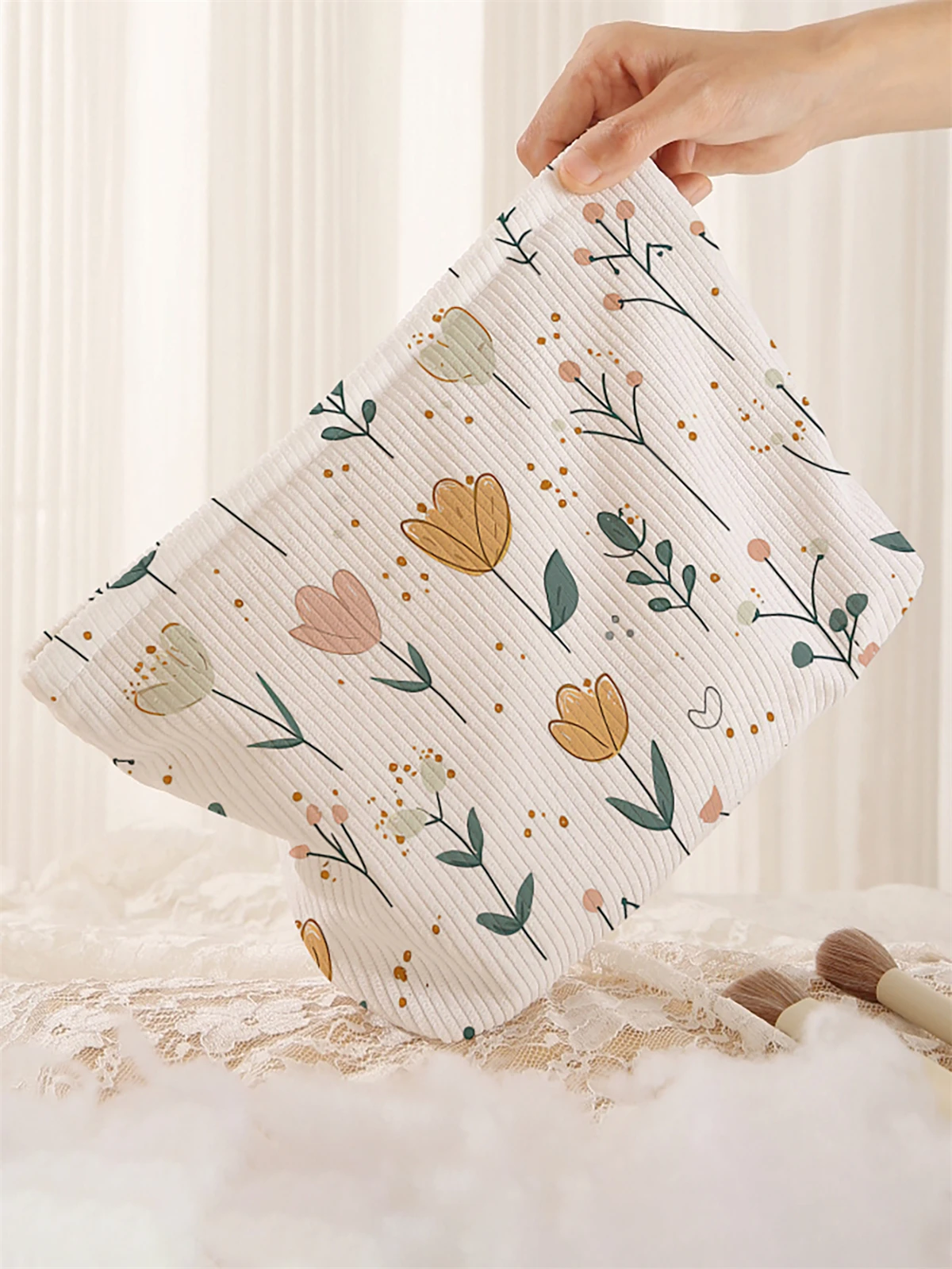 กระเป๋าแต่งหน้าผ้าลูกฟูกพิมพ์ลายดอกไม้ 1 ชิ้น, กล่องเก็บเครื่องสำอางแบบมีซิปน้ำหนักเบา, กระเป๋าอเนกประสงค์พร้อมซับใน