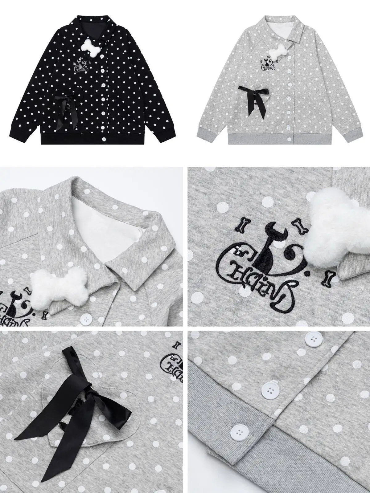 Polka Dot Lapel Bone Pendant Strap Loose Design Casual Sweatshirt Jacket Women's Autumn  Kawaii Clothes