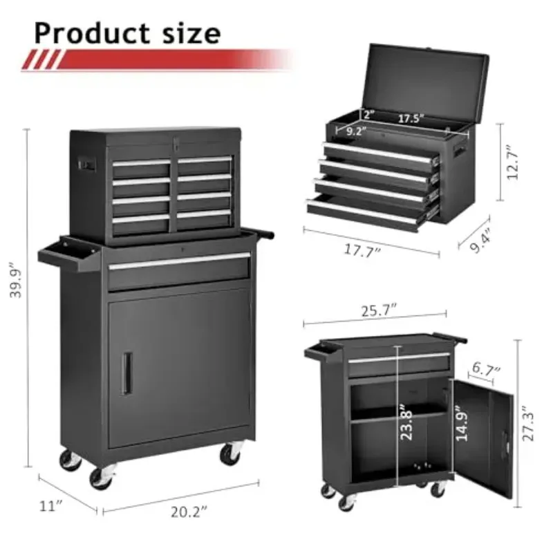 5-Drawer Rolling Tool Chest Black |  Storage Cabinet with Enhanced Packaging, Detachable Top  Box, view 6