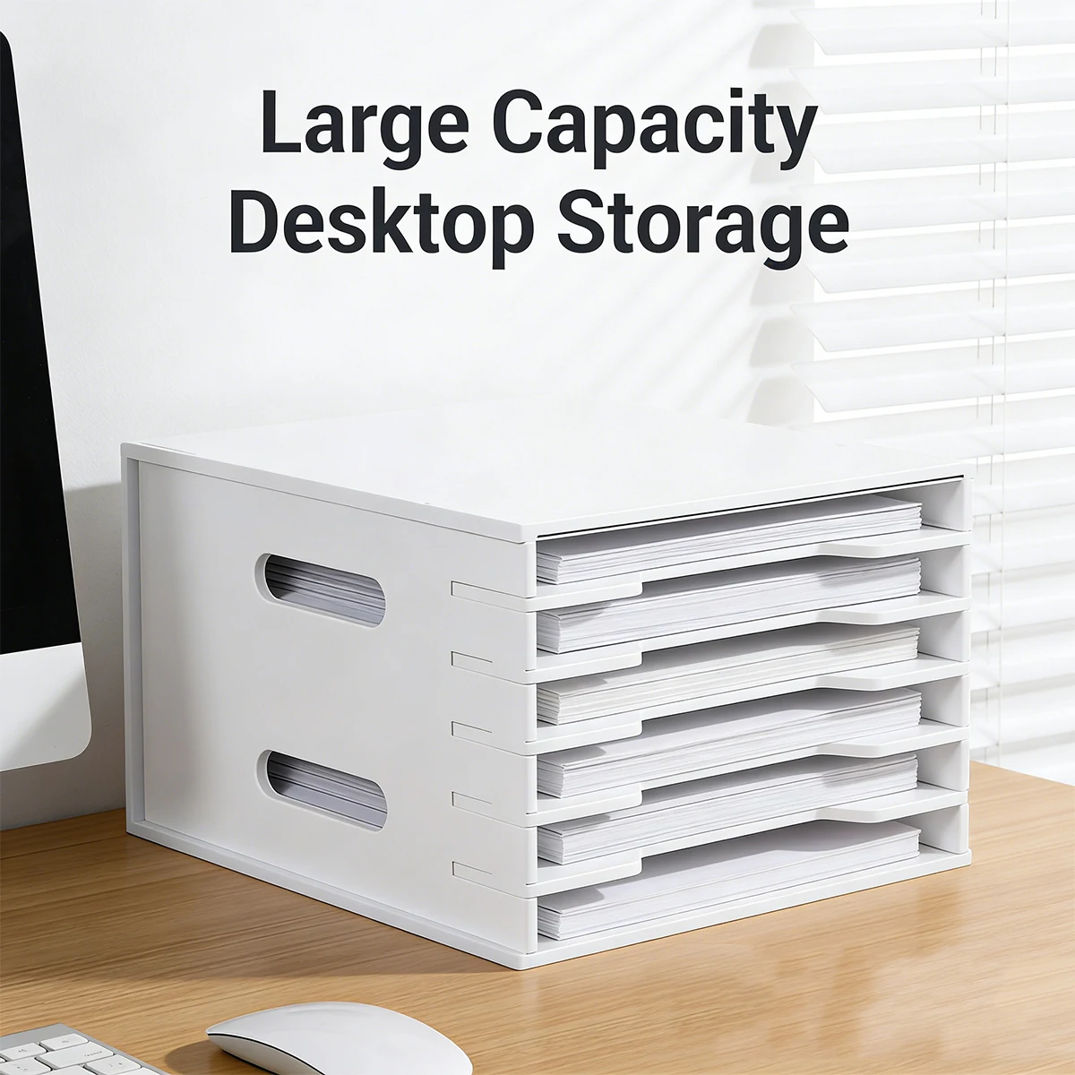 6-Tier White Desktop File Organizer, A4 Paper Storage Tray with Handles for Office & School