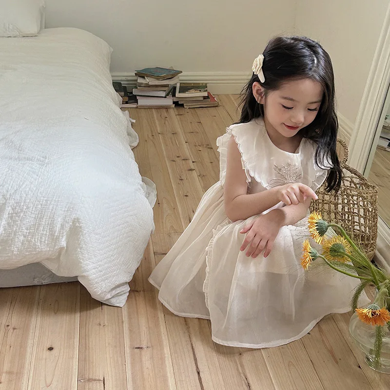 Girl Dress Korean Girl Organza Dress 2024 Summer New Breathable Lace Princess Dress Baby Mesh Sundress Girl Birthday Skirt