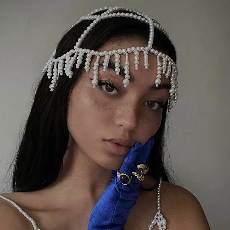 Fashion Pearl Fringe Headpiece Crystal Cap Head Chain Roaring 20s Great Gatsby Tassel Hair Accessories for Art Deco Part Gifts view 5