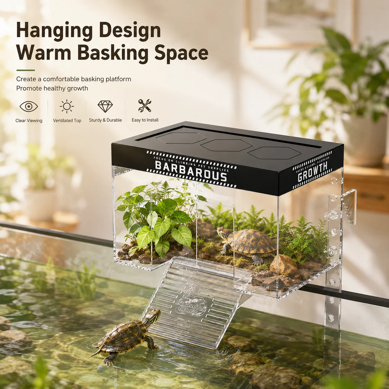 Clear Acrylic Turtle Basking Platform with Climbing Ramp, Hanging Aquarium Turtle Dock with Ventilated Lid