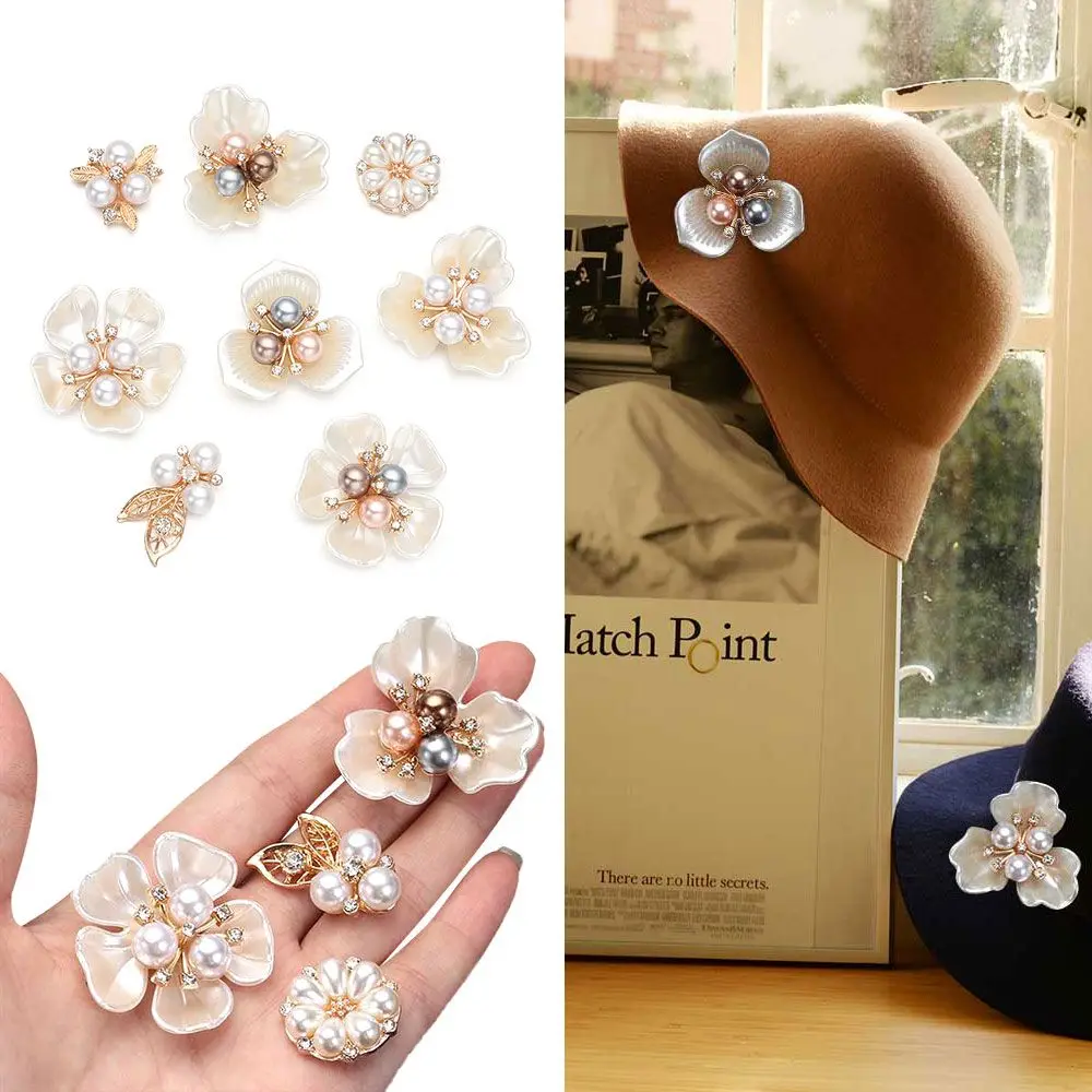 

10PCS DIY Craft Hat Accessories Flower-shaped Headwear Clip Pearl Hairpins Rhinestone Buttons Pearl Button