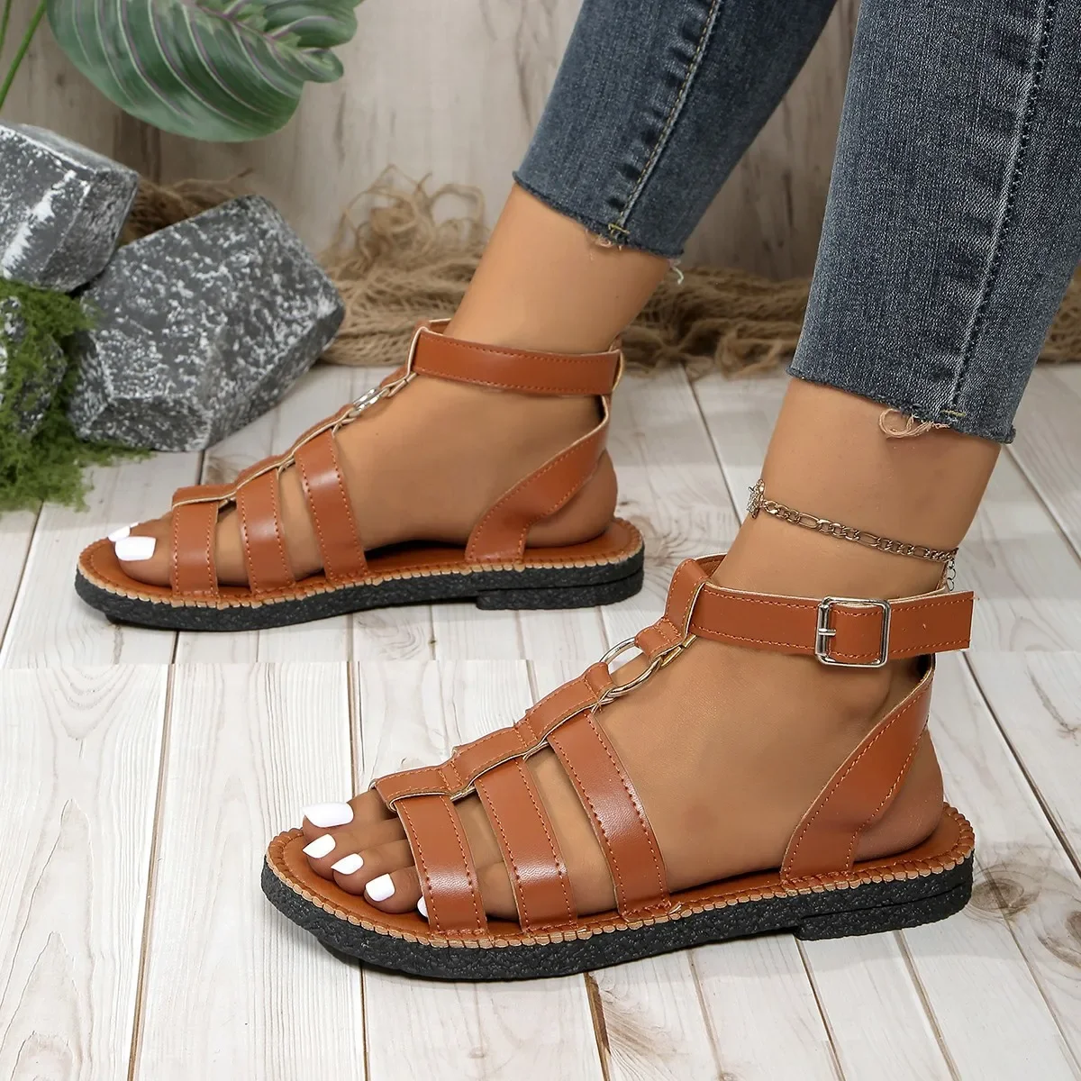 Sandalen Damen 2025, modisches Leder, PU, runde Zehen, Knöchel, Metallschnalle, Plattform, Damenschuhe, handgefertigte flache Sandalen im Sommer