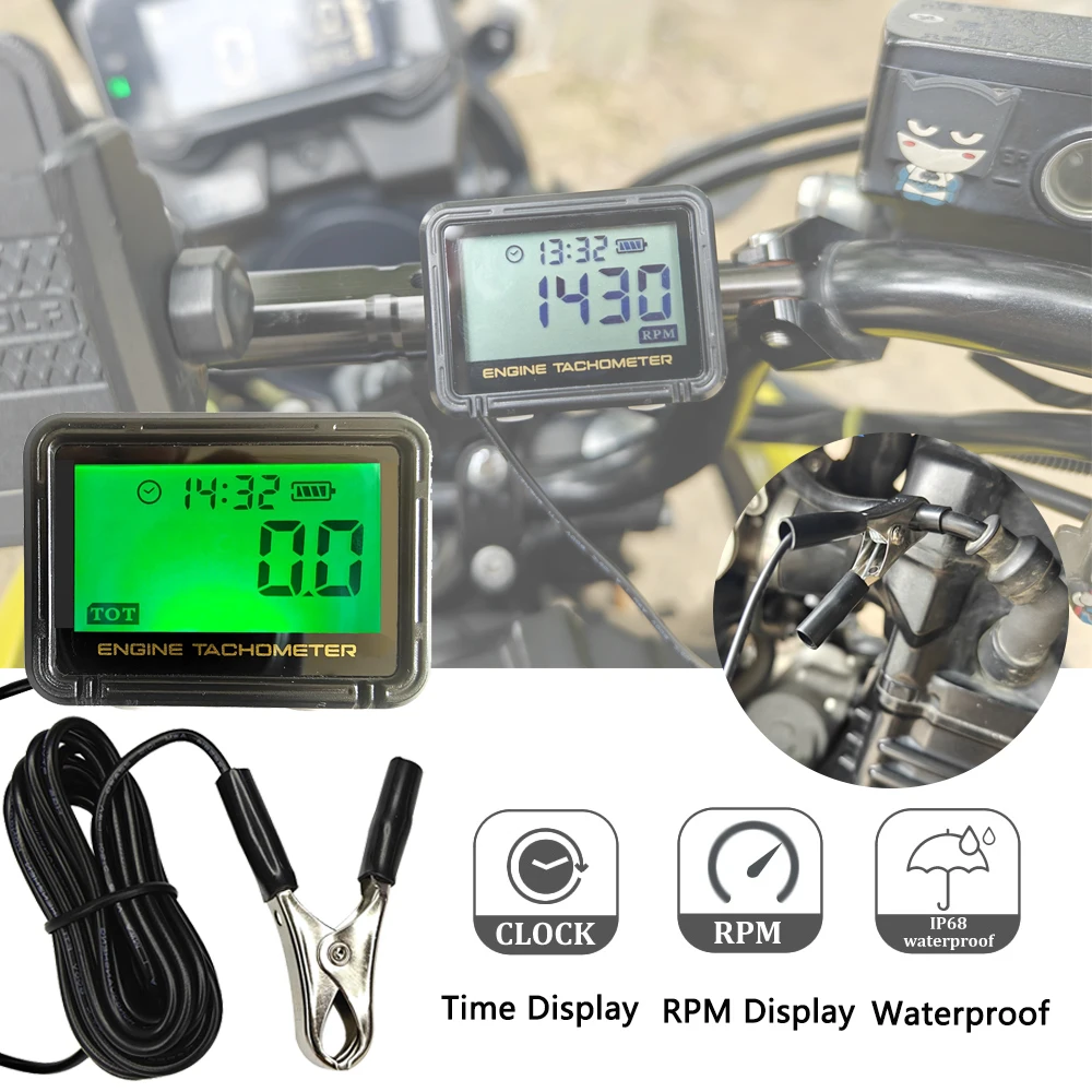 with Alligator Clip Digital Motorcycle Tachometer Time Meter Inductive Gasoline Engine Tach Hour Meter Max Rpm Alert Waterproof