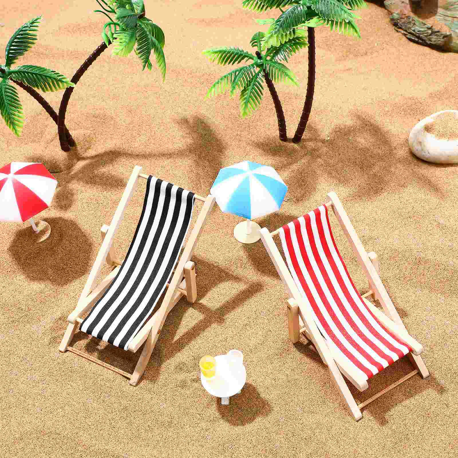 House Mini Beach Set Miniature Deckchairs Parasols Palm Trees Drinks Round Tea Table Micro Landscape Decor for Fairy Garden