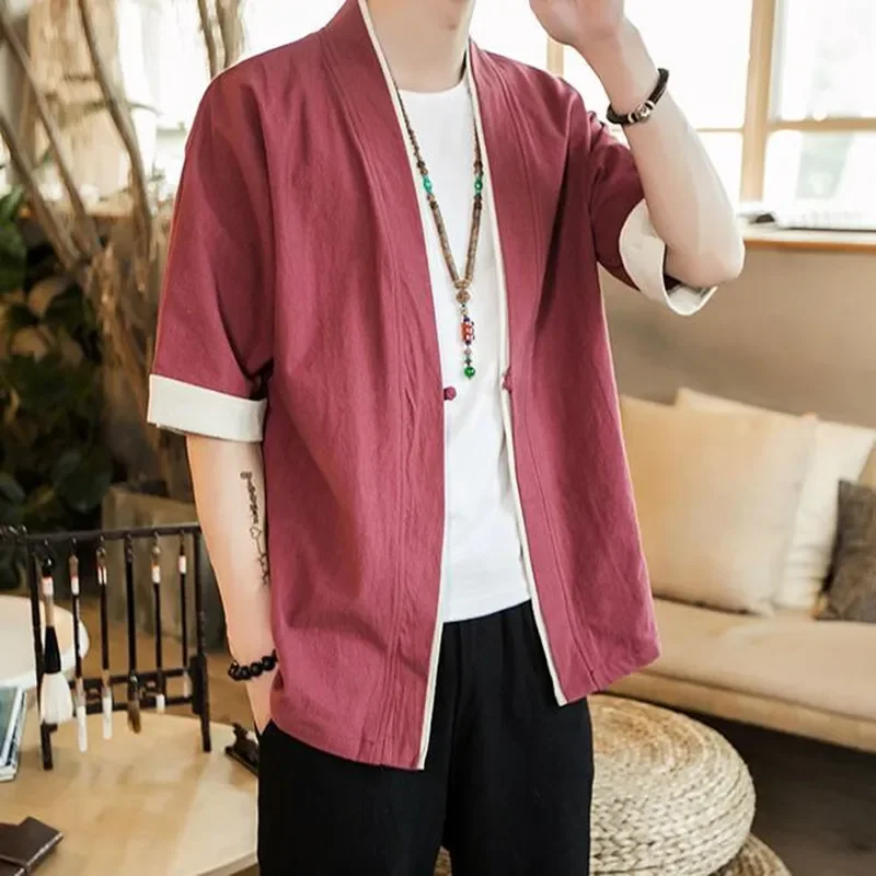 

Summer Men's Kimono Jackets Cardigan Lightweight Casual Cotton Blends Linen Seven Sleeves Open Front Hanfu Coat