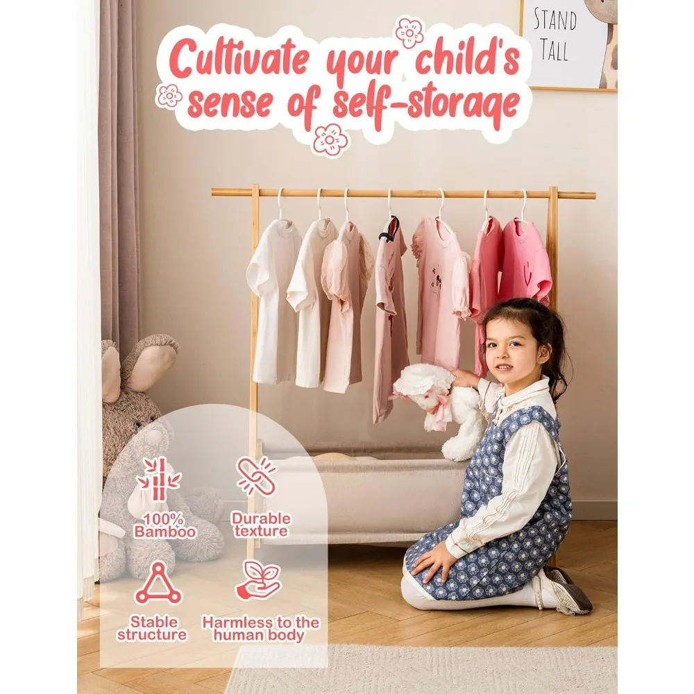 Kids Bamboo Clothing Rack with Storage Box, Multi-functional Hanging Organizer for Dance Costumes and Dress Up