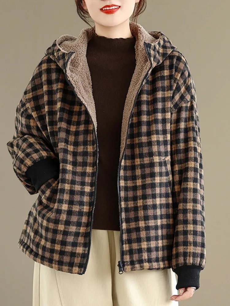 Thiened Fce Roupa dupla face xadrez com capuz de algodão Jaet feminino inverno Faion anti-envelhecimento tamanho grande pele de cordeiro algodão Co...