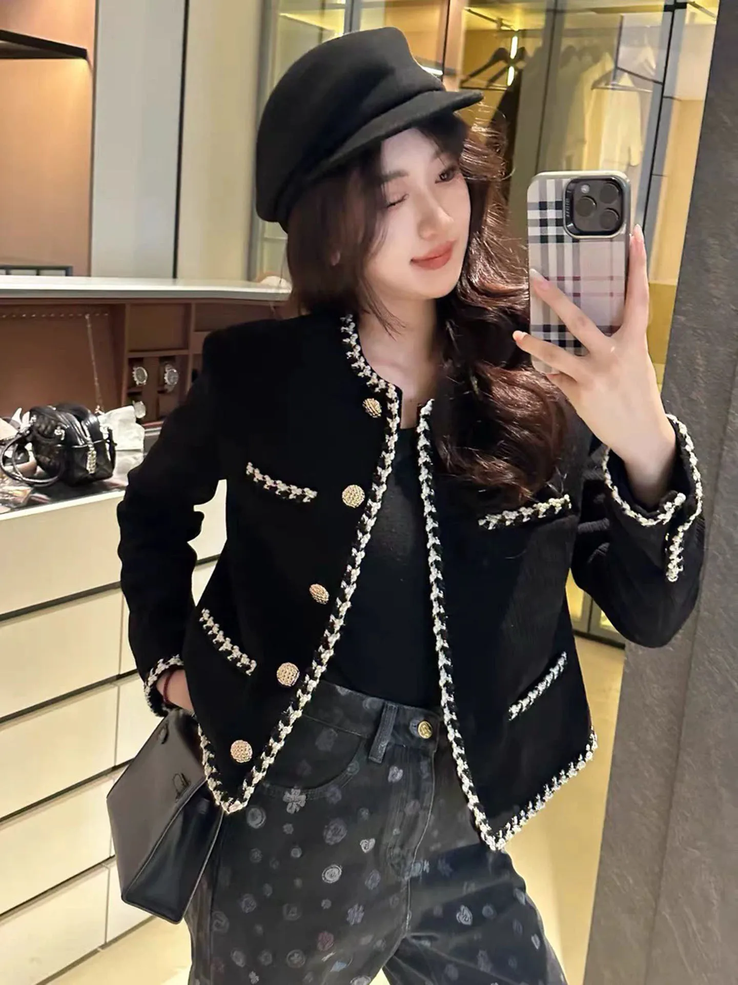 Handmade Black Ruffle Collar Velvet Jacket Elegant Style Straight Cut Long Sleeve Warmth Outerwear for Women Autumn Season