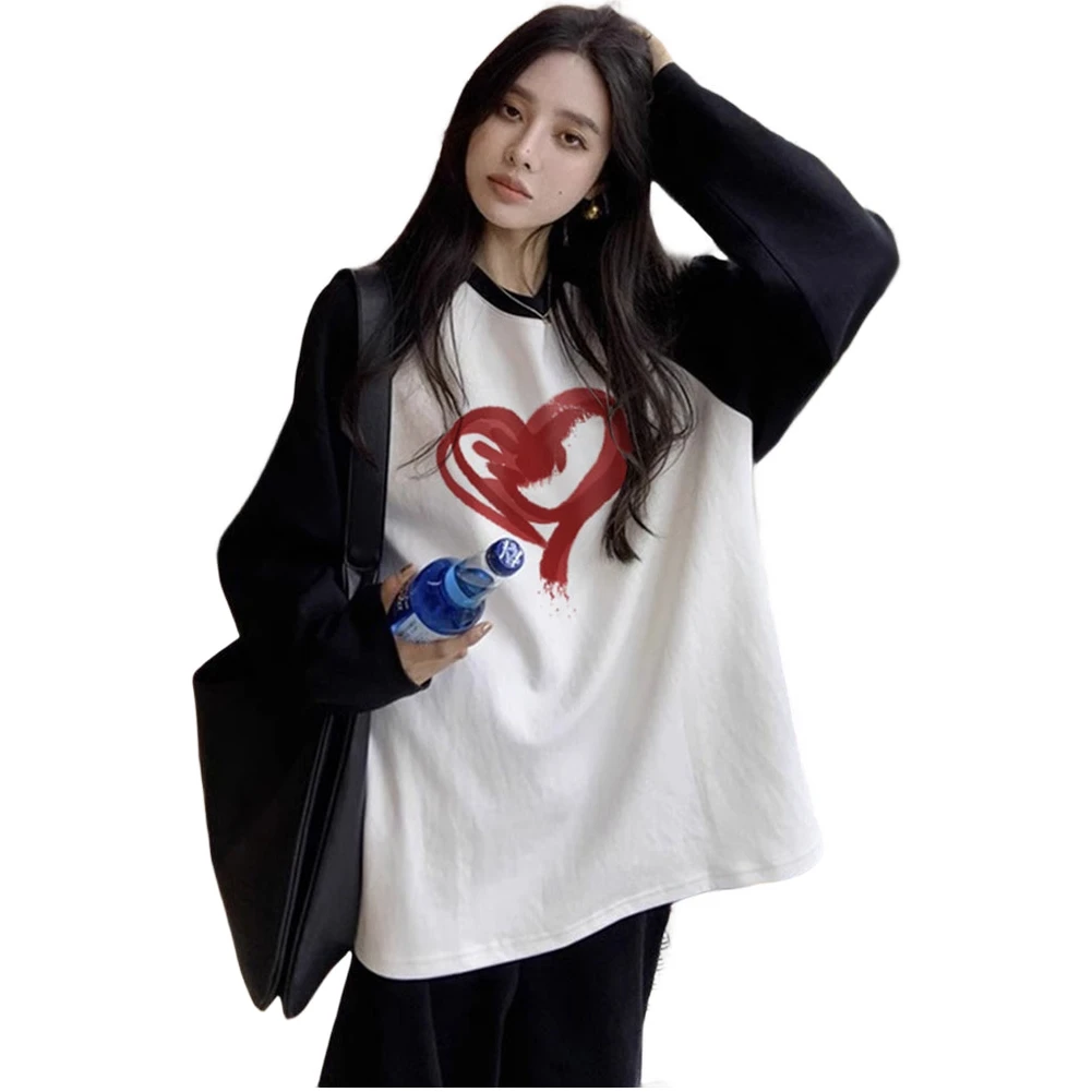 

Loose Fit Tee Heart Print T-Shirt Brand New Condition Casual Holiday Outfit Daily Wear Top O-Neck Design Raglan Sleeves