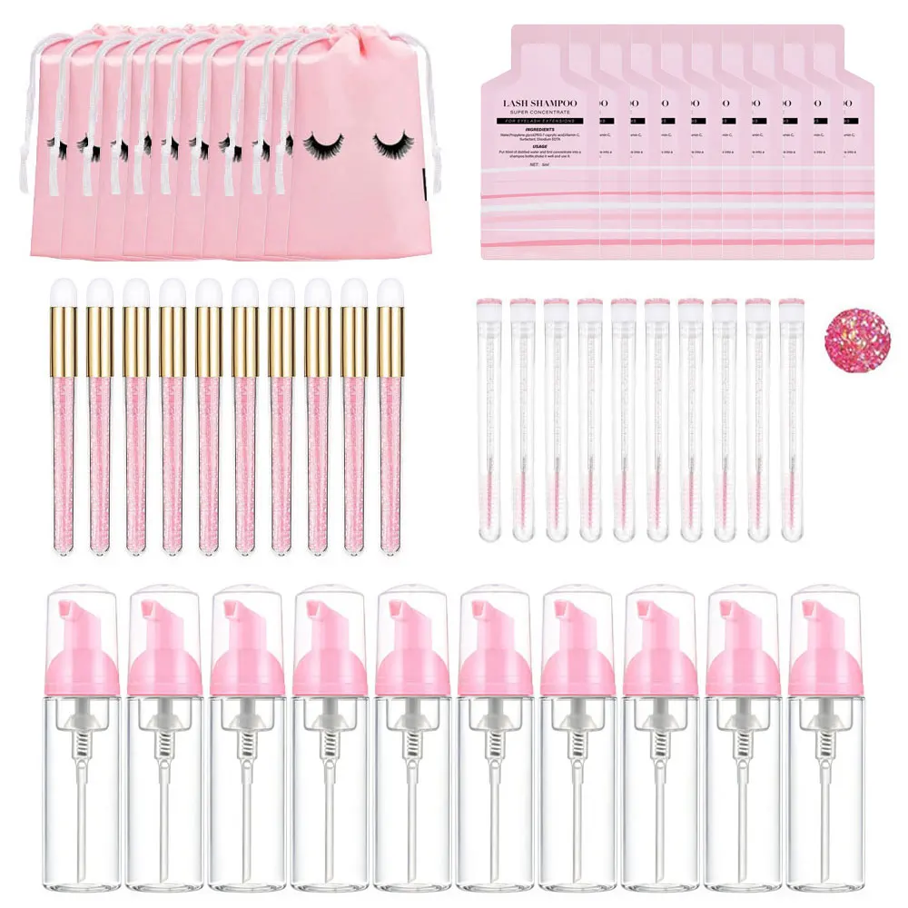 60ml Refillable Leakproof Empty Foam Pump Bottles Eyelash Extension Shampoo Kit Lash Comb Tube Cleaning Brush EVA Storage Bags