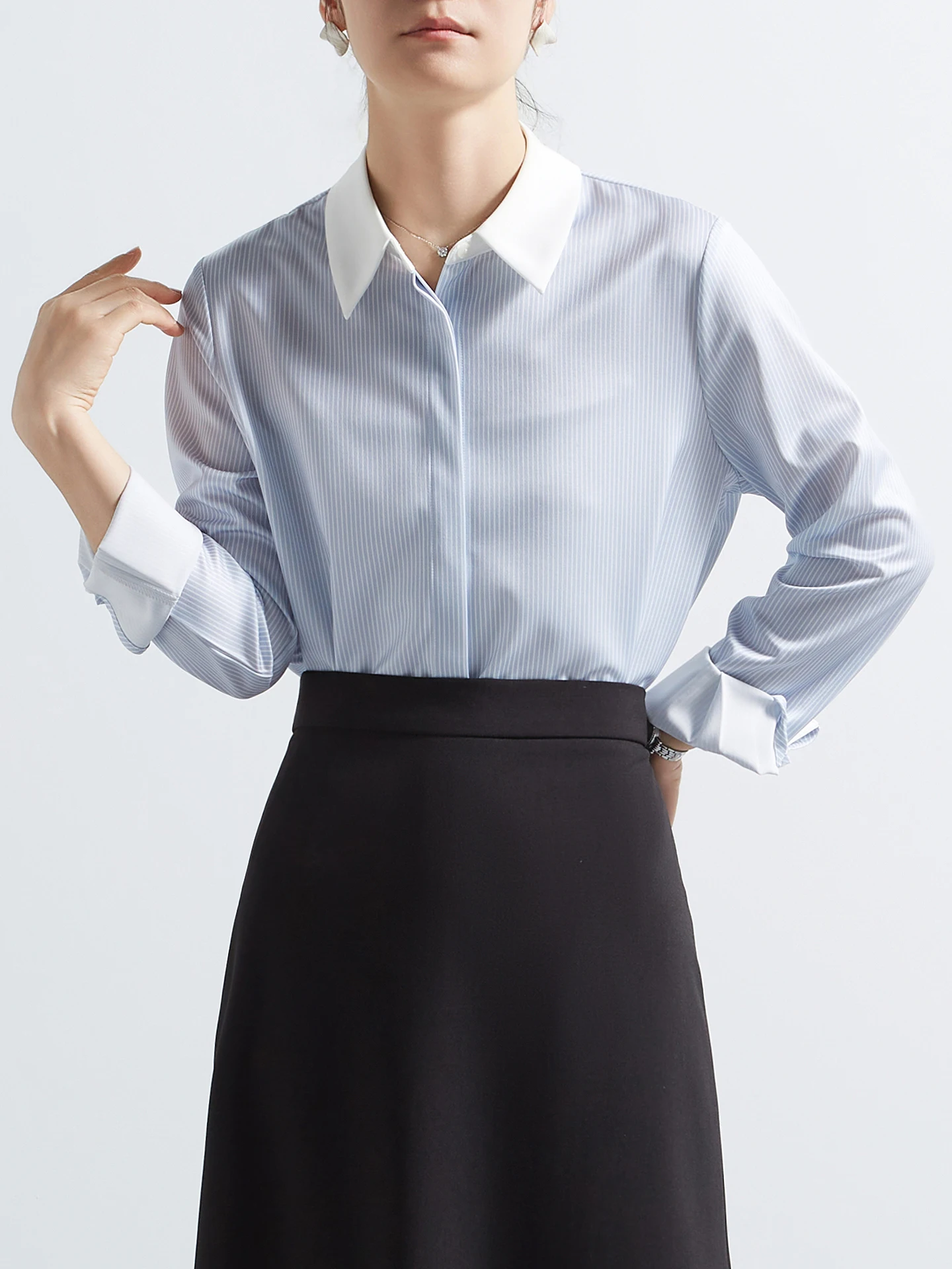 

CHICBLISS Women's Striped Shirt Long Sleeve Commute Style Professional Dark Button Front Classic Fit Polyester Satin Fabric