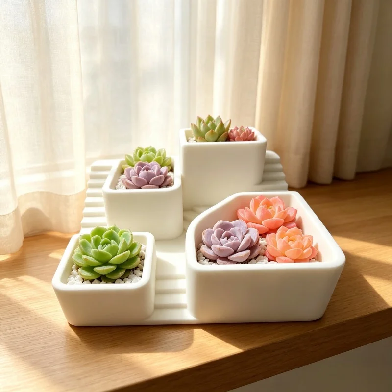 Space-Saving Layered Succulent Flower Pots, Suitable for Small Spaces, 4-Compartment Mini Flower Pot Set, Independent Slot Desktop Succulent Planting Pots, Suitable for Office Desks / Windowsills / Balconies