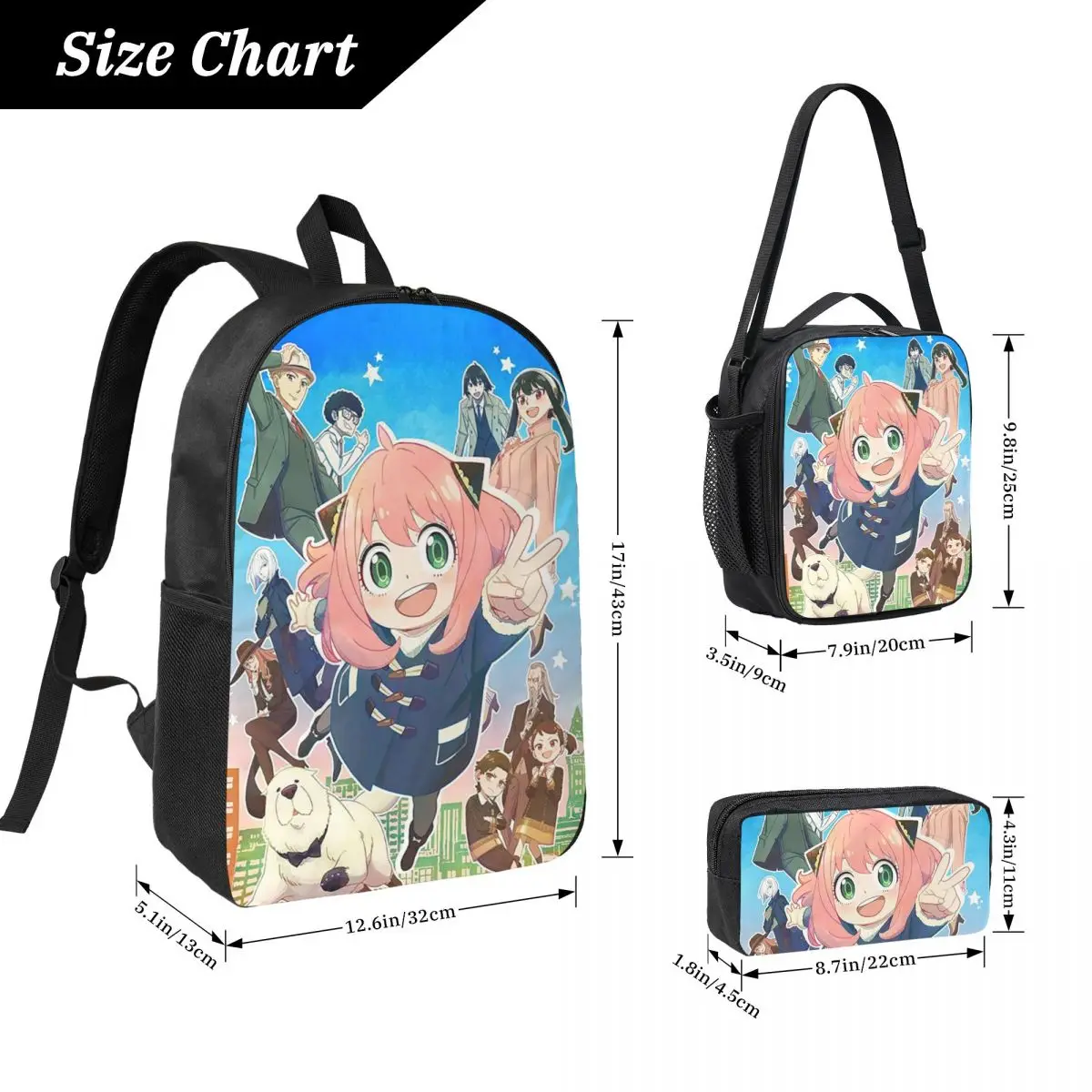 Kawaii مانغا جاسوس X الأسرة على ظهره طالب صبي بنات BookBag حقيبة مدرسية كمبيوتر محمول حقائب كتف 3ps معزول حقيبة الغداء مقلمة
