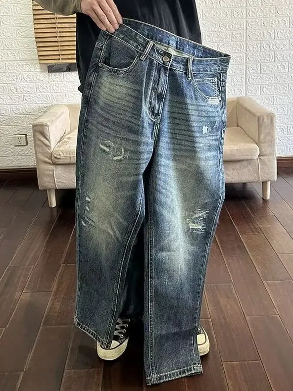 

Мужские джинсы прямого кроя в стиле ретро, свободные, плотные, повседневные, с вышивкой, длинные брюки, модные, удобные, классические