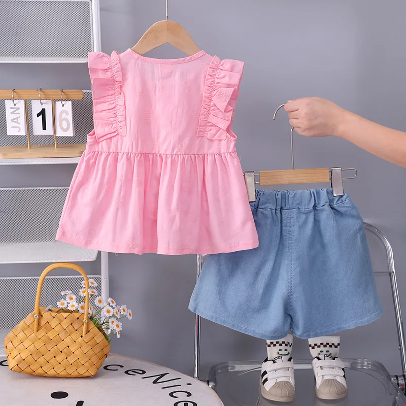 Toddler Girl Summer Clothes Set 2026 New Baby Girls Cute Fashion Ruffle Sleeveless Blouse and Denim Shorts Kids 2 Piece Outfit