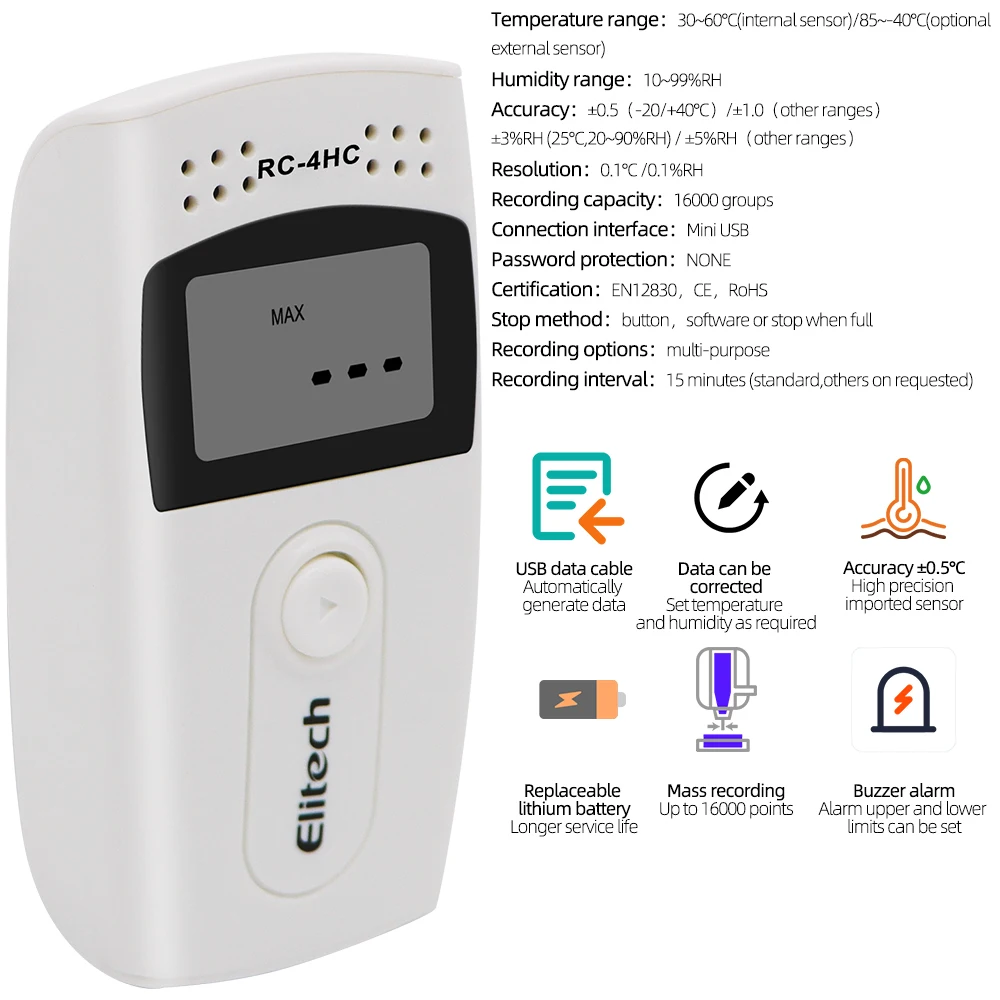 High Accuracy RC-4HC USB Temperature Data Logger Digital Temperature Datalogger Recorder for Warehouse Storage